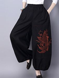 New Chinese Style Loose Large Size Embroidered Wide Leg Pants Spring Summer Ethnic Cotton Linen Casual Lantern Pants Elastic Waist Women Long Trousers