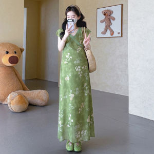 Elegant Floral French Style Maternity Dress V-Neck