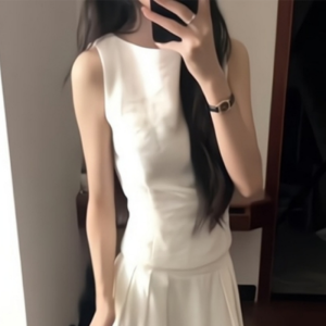 VKSOD | Korean Style Womens Sleeveless Vest Top High Waist Loose Summer Long Skirt Two-Piece Set Round Neckline All Other Materials