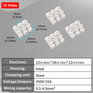 1/5/10Sets Screw Type Quick Connect Terminal 450V 32A 12-Pos Wire Connectors Universal Reusable No Soldering PA66 Terminal Block