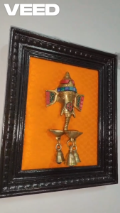 Traditional Brass Lord Ganesha with Bell Wall Hanging Frame with Teak Wood Border | Pooja Room Decor for Home & Housewarming Gift | 13*11 Inch (1 Pc)