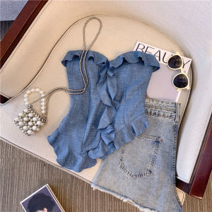 Hong Kong Style Retro off-Neck Tube Top Vest Womens Summer Asymmetrical Sweet Lotus Leaf Strapless Tops Ins
