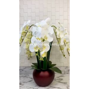 Pohon Artificial Tanaman Hias Bunga Anggrek X6 Tangkai Juntai Latex Pot Keramik Bulat Maroon Doff Dekorasi Ruang Tamu