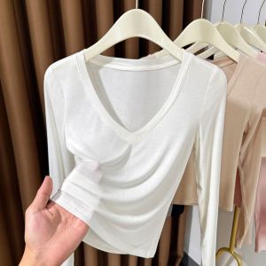 เสื้อยืดคอวีแขนยาวผ้าโมดอลสีพื้นสำหรับผู้หญิง ทรงสลิมฟิต ใส่ด้านใน เสื้อเชิ้ต ชั้นใน ฤดูใบไม้ร่วง/ฤดูหนาว ผ้าฝ้ายโมดอล