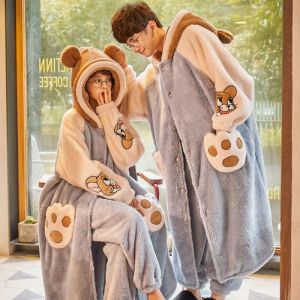 Cute Cartoon Coral Fleece Long Pajama Set Couple Sleepwear Hooded Outerwear Home Clothes plus Size Comfortable Winter Nightgown