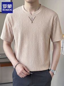 ROMON | V-Neck Embroidered Summer Lightweight Textured Short Sleeve T-Shirt