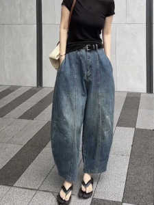 Retro Summer Thin High Waist Loose Bananas Jeans Womens Denim Lantern Pants Anti-Wrinkle Blue Color High Waist Nine Points