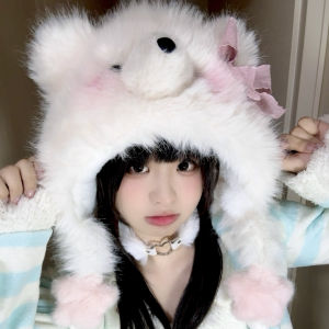 Original Yuyazhu Bear Ear Plush Hat Winter Skiing Headset Handmade White Bear Soft Toy Womens Fashion Fur Autumn Collection