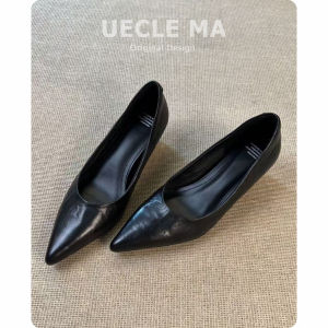MASHUJIA | Leather Pointed Toe French Style Single Shoes Peep Toe Heel