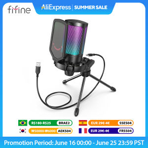FIFINE USB Condenser Gaming Microphone for PC PS4 PS5 MAC with Pop Filter Shock Mount&Gain Control for Podcasts Ampligame A6V