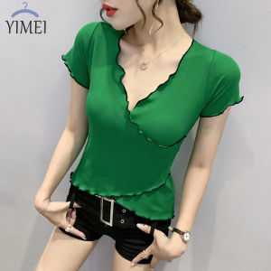 YIMEI Áo Thun Cổ Chữ V Gợi Cảm Mới Mùa Hè 2023 Áo Viền Tai Thời Trang Cho Nữ Áo Cotton Nguyên Chất Dáng Ôm Phong Cách Nước Ngoài Thiết Kế Thời Trang Hàn Quốc Xu Hướng Cho Nữ