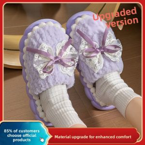 Winter Cotton Slippers Womens Plush Indoor Home Thick Bottom Anti-slip Butterfly Knot Fur Shoes Warm Cozy Home Fabric Slippers