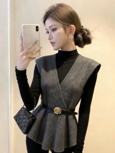 Waist Shaping V-Neck Knitted Vest Two-Piece Set Women Winter Outer Wear Layering
