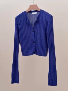Klein Blue Long Sleeve Ice Silk Knitted Open Cardigan Top Womens Autumn Thin Short Coat Korean Style Loose Fit V-neck Single Button