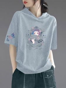 Ladies Cotton Short Sleeve T-Shirt with Hood Summer New Style Korean Version Belly Covering Versatile Casual Print Top