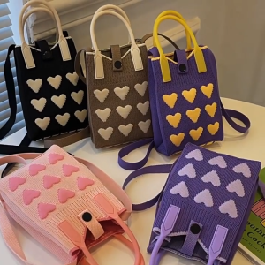 2025 New Heart Print Polyester Shoulder Bag Women Korean Style Cartoon Knit Crossbody Phone Purse for Travel