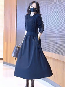 High-End Temperament Slimming Retro Long Sleeves Knitting Dress Fall and Winter New Arrival False Two-Piece Patchwork Woolen Skirt Female Winter