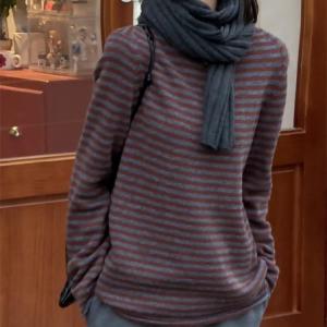 เสื้อยืดลายทางหลวมๆ สำหรับผู้หญิงในฤดูใบไม้ผลิปี 2025 เสื้อเชิ้ตแขนยาวทรงเข้ารูปที่สวมใส่สบายและแฟชั่น