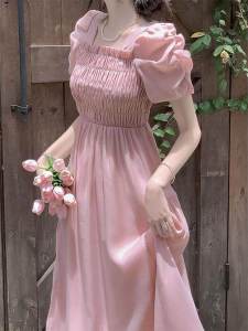 French Gentle Style Womens Dress Summer 2025 New Square Collar Bubble Sleeve High Waist Slimming Fairy Skirt A-Line Midi Dress
