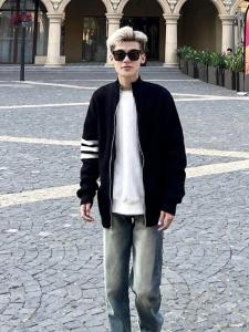 Autumn Winter Zipper Stand Collar Casual Knitted Sweater for Men Loose Fit Pure Color Versatile Three Stripe Trendy Knitwear