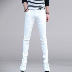 White Denim Mens Clothing Pants Silm Skinny Pants Casual Straight Pants Mid-Waist Elastic All Year Round Trendy Pants Men