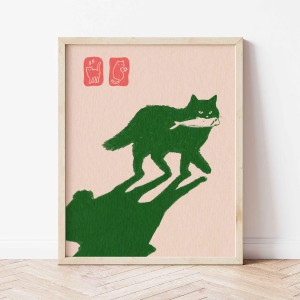 Cat with a Fish Dark Green Poster Funny Cat Wall Art Shipped Wall Print Funny Kitten Art Japanese Aesthetic Artwork Japandi