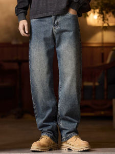 American Mens Y2K Retro Blue Denim Jeans Autumn Spring Relaxed Fit Korean Streetwear Casual Wide-leg Pants with Spliced Pockets