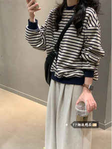 Retro Striped Long Sleeve round Neck Sweatshirt Women Winter New Loose Design Casual Knitted Top Comfortable Breathable