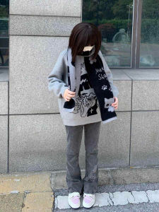 High Waist Bell Bottom Denim Jeans Womens Spring New Style American Black Grey Cartoon Print Long Pants Wide Leg Trousers