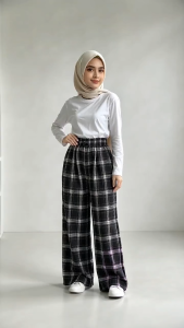 MOCHA Women Plaid Wide Leg Pants High Elastic Waist Casual Loose Slimming Long Trousers Muslimah Daily Office Wear Seluar Panjang Perempuan ST306