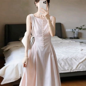LIRENQING | Summer Pink Sleeveless Vest Dress Waist Defining