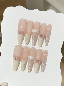 Shiny Cat Eye Gradient Nude Lace Butterfly Knot Sweet Hand Painted White Grid French Style Nail Wearable False Nails