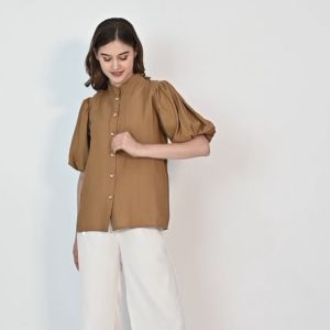 QUEENTIN Kemeja Wanita Shanghai 0197 Linen Polo Polos Lengan Balon Pendek