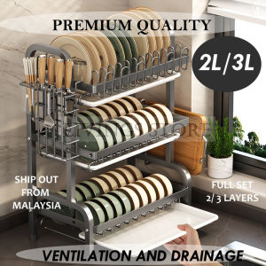 LIVING STORE UPGRADE VERSION 2L & 3L Stainless Steel Kitchen Dish Drainer Rack with Tray Rak Bertingkat Pinggan Mangkuk Cawan
