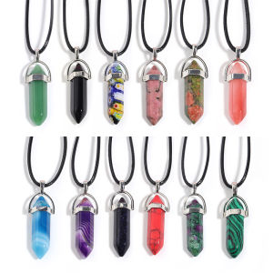 Hexagon Pillar Quartz Necklace Turquoise Pink Crystal Necklace Genuine Leather Chain Natural Stone Choker Necklace