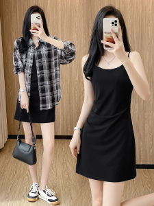 Áo Len Cardigan Vải Voan Kẻ Caro Mùa Hè Cho Nữ Váy Ngắn Không Tay Eo Thắt Chặt Bộ Đồ Hai Mảnh Trang Phục Công Sở Phong Cách Hàn Quốc