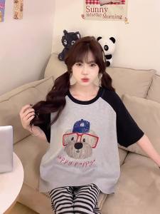 Ins Hot Pajamas with Chest Cushion Sleepwear Womens Summer Short Sleeved Pants Home Wear Two Piece Set Girls Cute Cartoon Thin Casual Lounge Wear Can Be Worn Outside Set