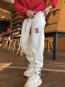 Autumn Winter Thickened Embroidery Lucky Button Sport Sweatpants Mens Fleece Lined Casual Trousers Knife Edge Loose Fit