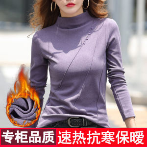 Double-Sided Fleece Womens Slim Fit Thermal T-Shirt Mid-High Collar Long Sleeve Korean Style Commute Creative Patterned Top