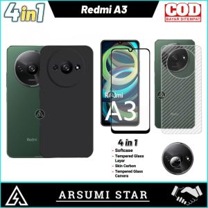 PROMO PAKET 4IN1 CASE Xiaomi Redmi A3 2024 SOFTCASE SLIM BLACK MATTE LIQUIT + ANTI GORES CERAMIC MATTE ANTI SPY + SKIN CAMERA LENS + GARSKIN CARBON 3D