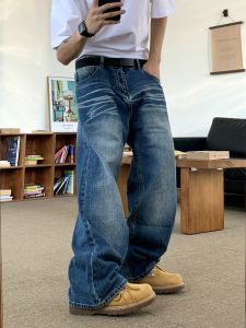 American Street Retro Vintage Simple Loose Long Casual Straight Leg Jeans for Men Washed out Youth Popular All Seasons