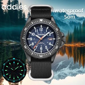 addies | ADDIES Military Outdoor Sports Mens Quartz Watch 50M Water Resistance 41mm Nylon Strap Tubular Luminous Display Male Wristwatch