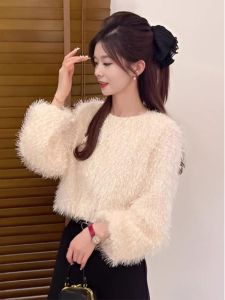 WANGGONGZHU | Round Neck Lantern Sleeve Hoodie Womens Casual Fashionable Age-Defying Fluffy Top For Autumn Winter Comfortable Loose Fit