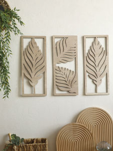 3 Pcs Wooden Art Wall Decor Boho Leaf Sign Wall Accent Rustic Palm Leaf Wood Wall Hanging Sculpture Vintage Tropical Plant Decor
