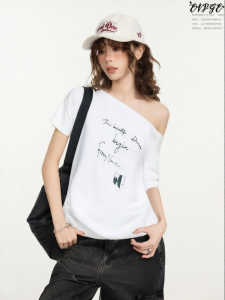 EVPGB | American Style Loose and Slim White Off-Shoulder T-Shirt