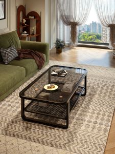 OYIla | Living Room Small Household Dual Layer Tempered Glass Iron Tea Table