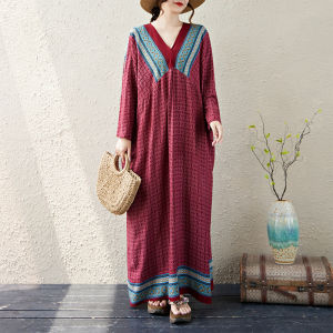 ชุดเดรสยาวแขนยาวคอวีทรงหลวมสไตล์ฝรั่งเศสสำหรับผู้หญิงไซส์ใหญ่ ชุดเดรสยาวทรงตรงทรงหลวมสไตล์ลำลอง