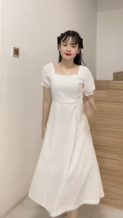 Korean midi white dress for women Casual vintage dress long dress