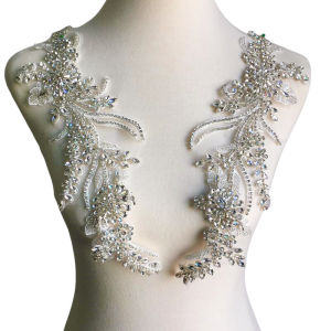 Heavy Embellished Glass Rhinestone Hand Sewn Beads Long Flower DIY Wedding Dress Suit Lapel Decoration Symmetrical Design