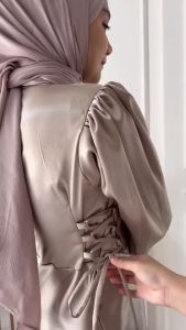 Dress Lyodra Lengan Balon Gamis Polos Satin Silk Baju Tunangan Kondangan Wisuda Gamis Lebaran